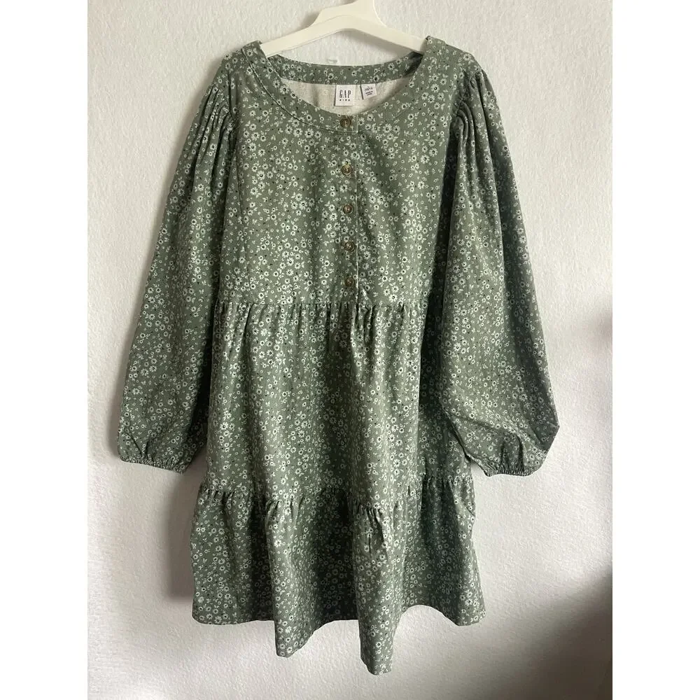 Gap Kids Green Corduroy Floral Casual Flower Dress Long Sleeves Buttoned‎ LARGE